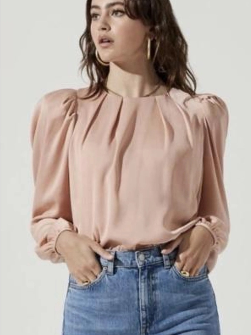 ASTR Long-Sleeve Pleated Blouse - Peach Pink